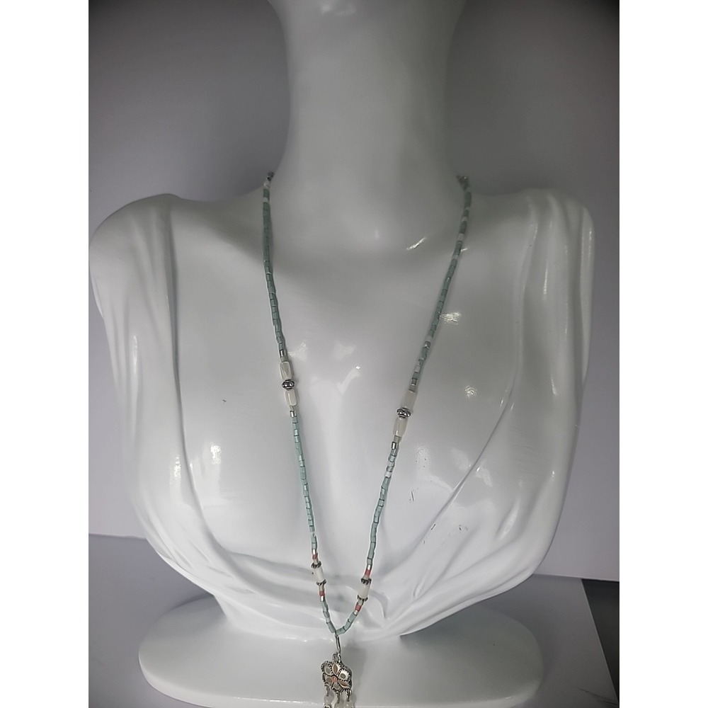 Vintage Silver Tone Beaded Blue White Pendant Jewelry Costume